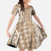 Hawaiian Ohia Lehua Lei Family Matching Off Shoulder Short Dress and Hawaiian Shirt Plaid Palaka Kalaihaahaa Pattern LT9 Daughter's Dress Tan - Polynesian Pride