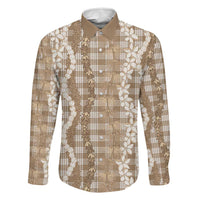 Hawaiian Ohia Lehua Lei Family Matching Off Shoulder Short Dress and Hawaiian Shirt Plaid Palaka Kalaihaahaa Pattern LT9 Dad's Shirt - Long Sleeve Tan - Polynesian Pride