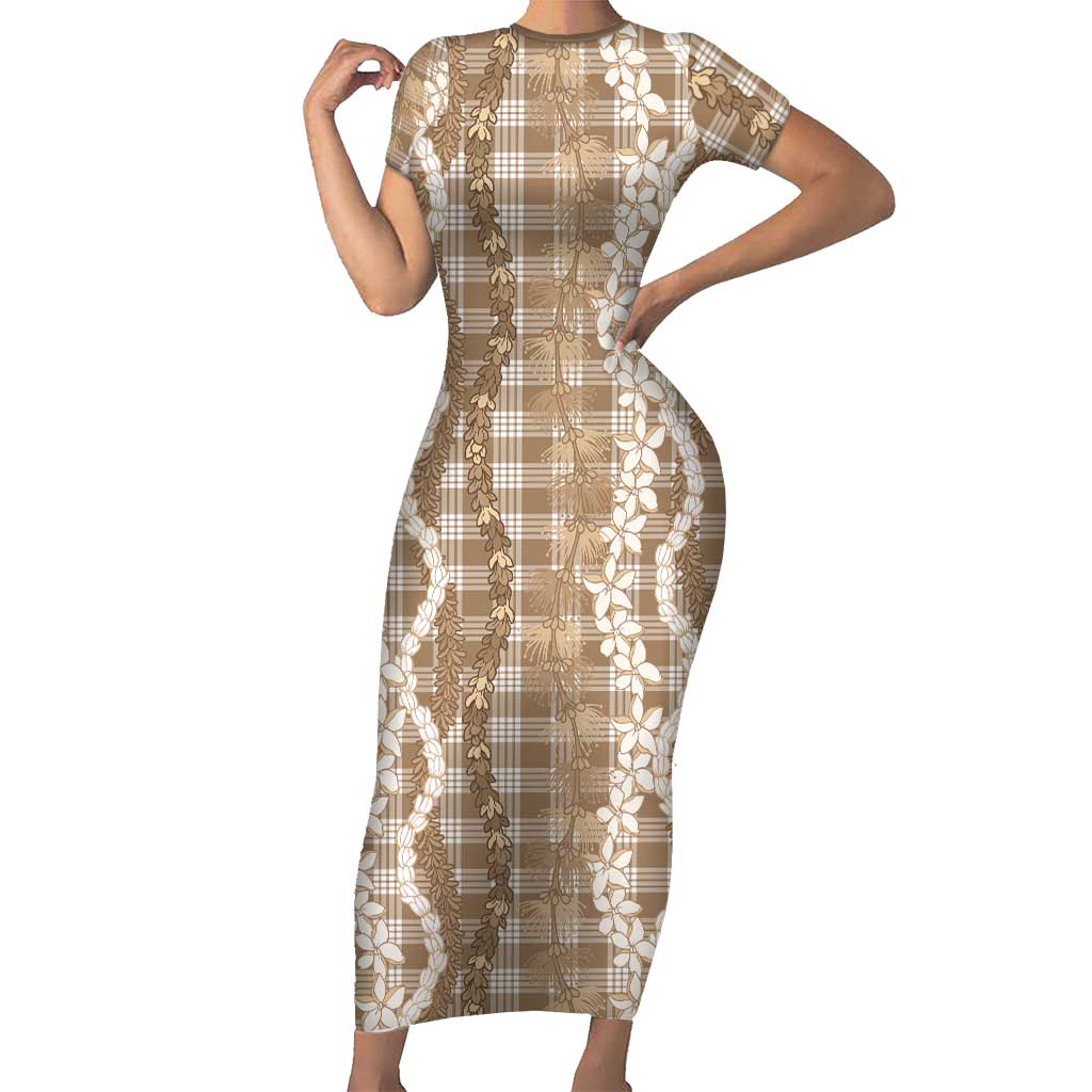 Hawaiian Ohia Lehua Lei Family Matching Short Sleeve Bodycon Dress and Hawaiian Shirt Plaid Palaka Kalaihaahaa Pattern LT9 Tan - Polynesian Pride