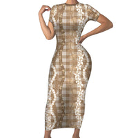 Hawaiian Ohia Lehua Lei Family Matching Short Sleeve Bodycon Dress and Hawaiian Shirt Plaid Palaka Kalaihaahaa Pattern LT9 Tan - Polynesian Pride