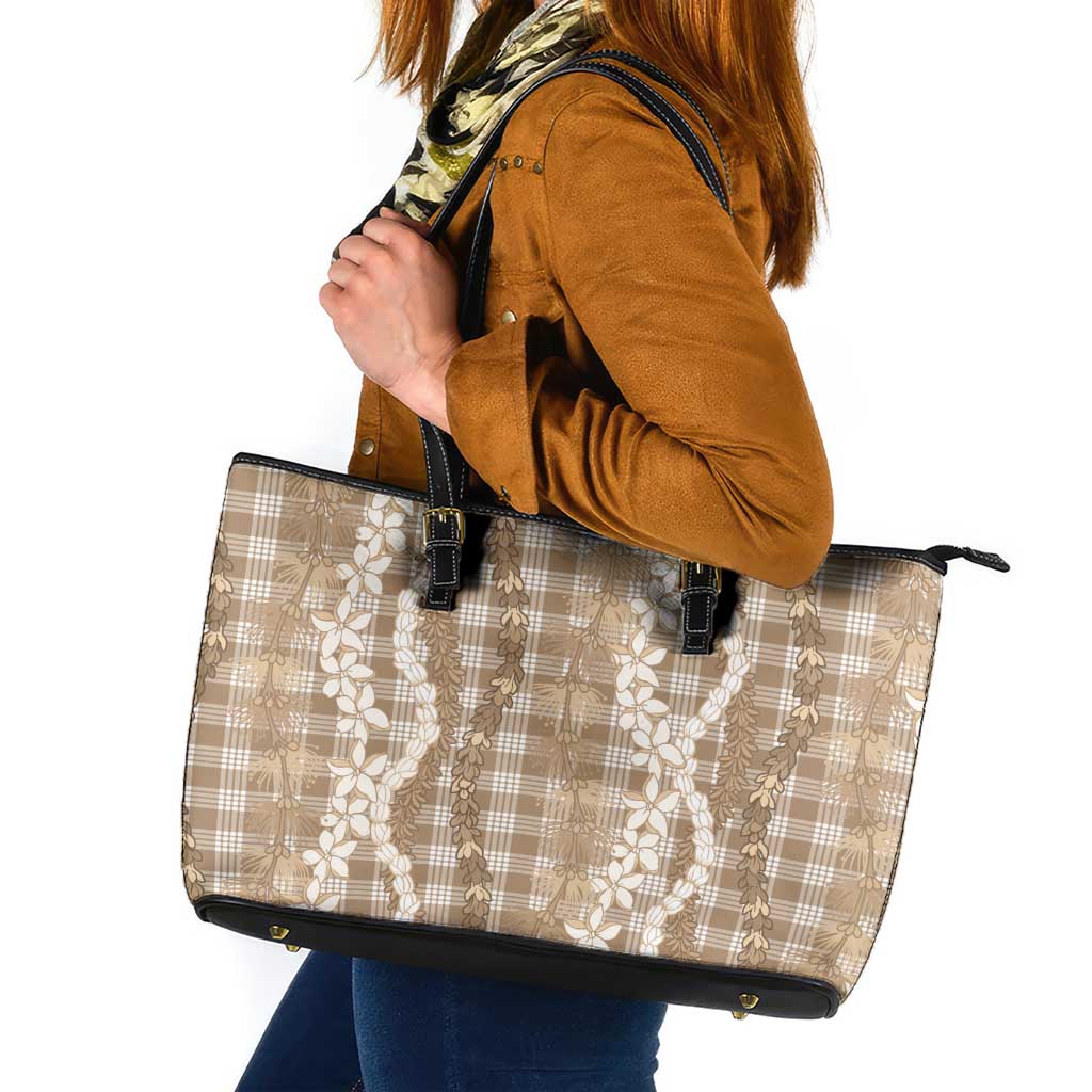 Hawaiian Ohia Lehua Lei Leather Tote Bag Plaid Palaka Kalaihaahaa Pattern - Polynesian Pride