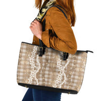 Hawaiian Ohia Lehua Lei Leather Tote Bag Plaid Palaka Kalaihaahaa Pattern - Polynesian Pride