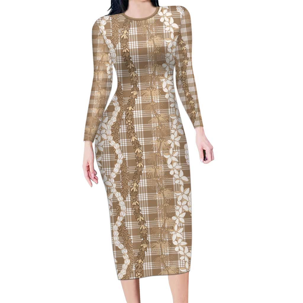 Hawaiian Ohia Lehua Lei Long Sleeve Bodycon Dress Plaid Palaka Kalaihaahaa Pattern - Polynesian Pride