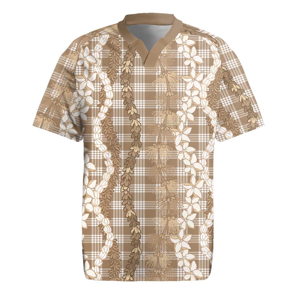 Hawaiian Ohia Lehua Lei Rugby Jersey Plaid Palaka Kalaihaahaa Pattern LT9 Tan - Polynesian Pride