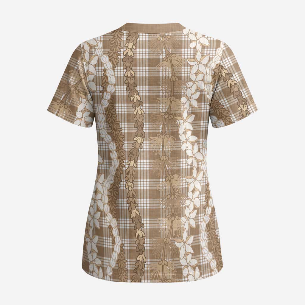 Hawaiian Ohia Lehua Lei Scrub Top Plaid Palaka Kalaihaahaa Pattern - Polynesian Pride