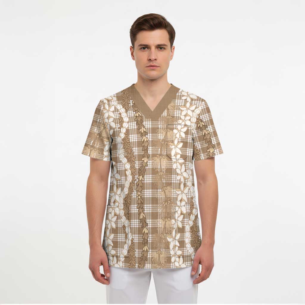 Hawaiian Ohia Lehua Lei Scrub Top Plaid Palaka Kalaihaahaa Pattern - Polynesian Pride