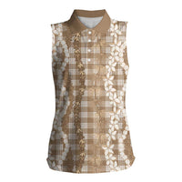 Hawaiian Ohia Lehua Lei Women Sleeveless Polo Shirt Plaid Palaka Kalaihaahaa Pattern LT9 Female Tan - Polynesian Pride