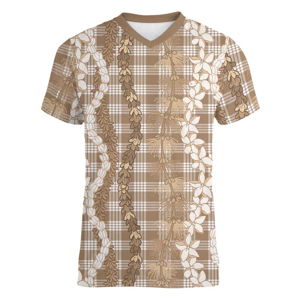 Hawaiian Ohia Lehua Lei Women V-Neck T-Shirt Plaid Palaka Kalaihaahaa Pattern LT9 Female Tan - Polynesian Pride
