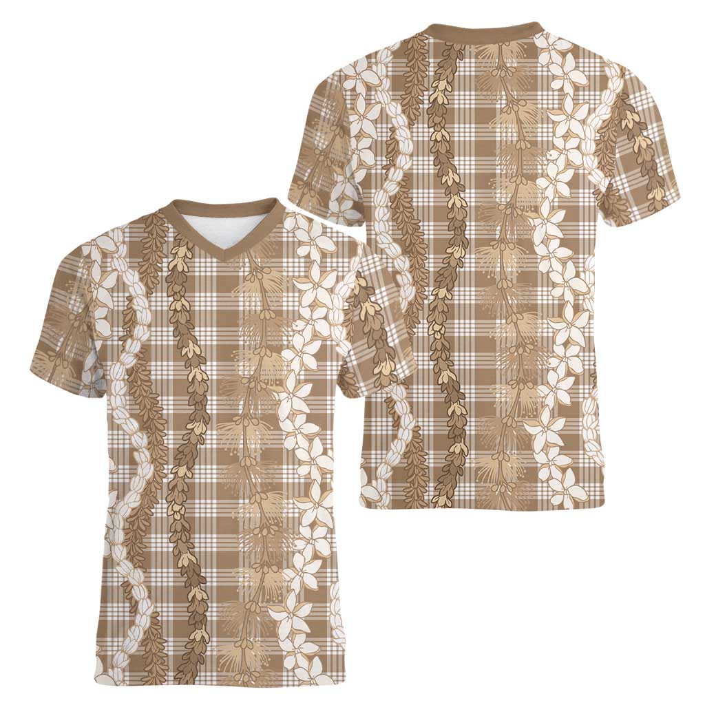 Hawaiian Ohia Lehua Lei Women V-Neck T-Shirt Plaid Palaka Kalaihaahaa Pattern LT9 - Polynesian Pride