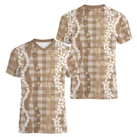 Hawaiian Ohia Lehua Lei Women V-Neck T-Shirt Plaid Palaka Kalaihaahaa Pattern LT9 - Polynesian Pride