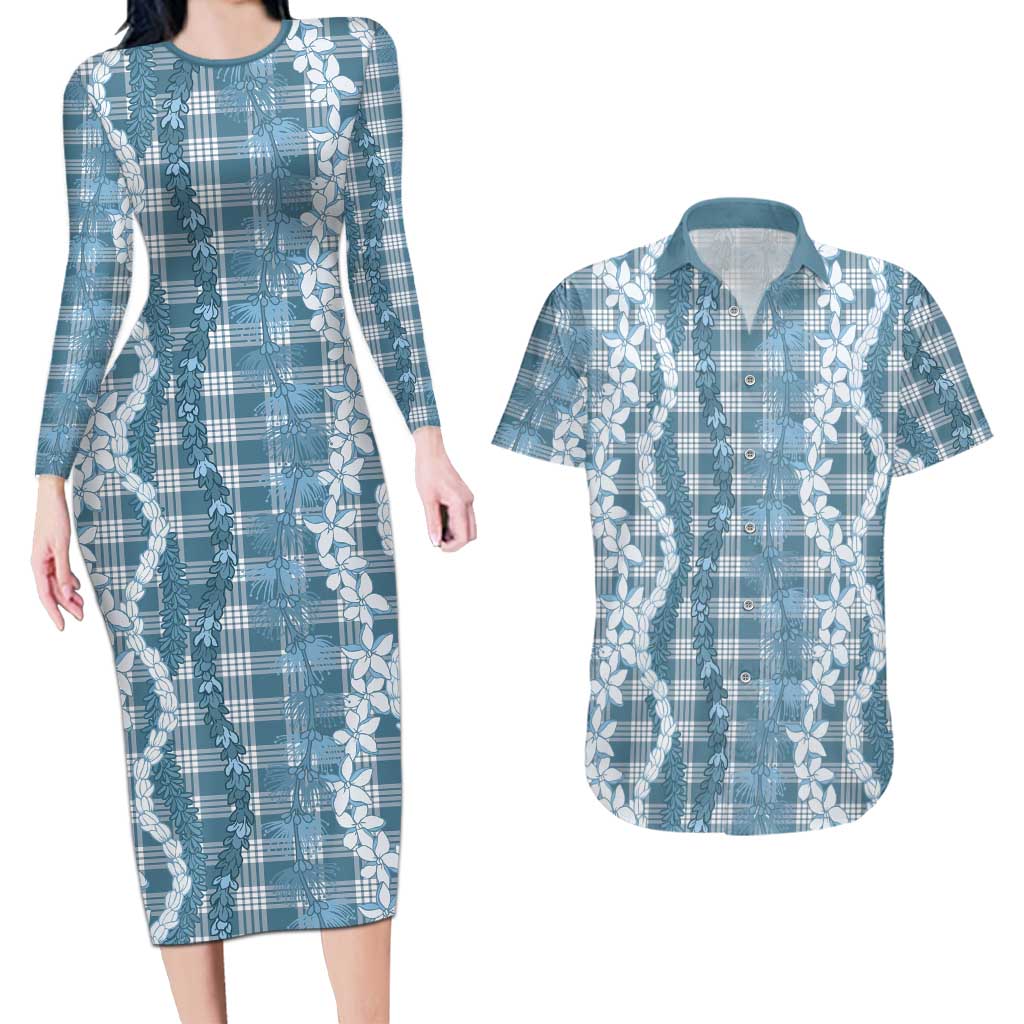 Hawaiian Ohia Lehua Lei Couples Matching Long Sleeve Bodycon Dress and Hawaiian Shirt Plaid Palaka Uliuli Omaomao Pattern LT9 Teal - Polynesian Pride