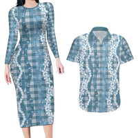 Hawaiian Ohia Lehua Lei Couples Matching Long Sleeve Bodycon Dress and Hawaiian Shirt Plaid Palaka Uliuli Omaomao Pattern LT9 Teal - Polynesian Pride