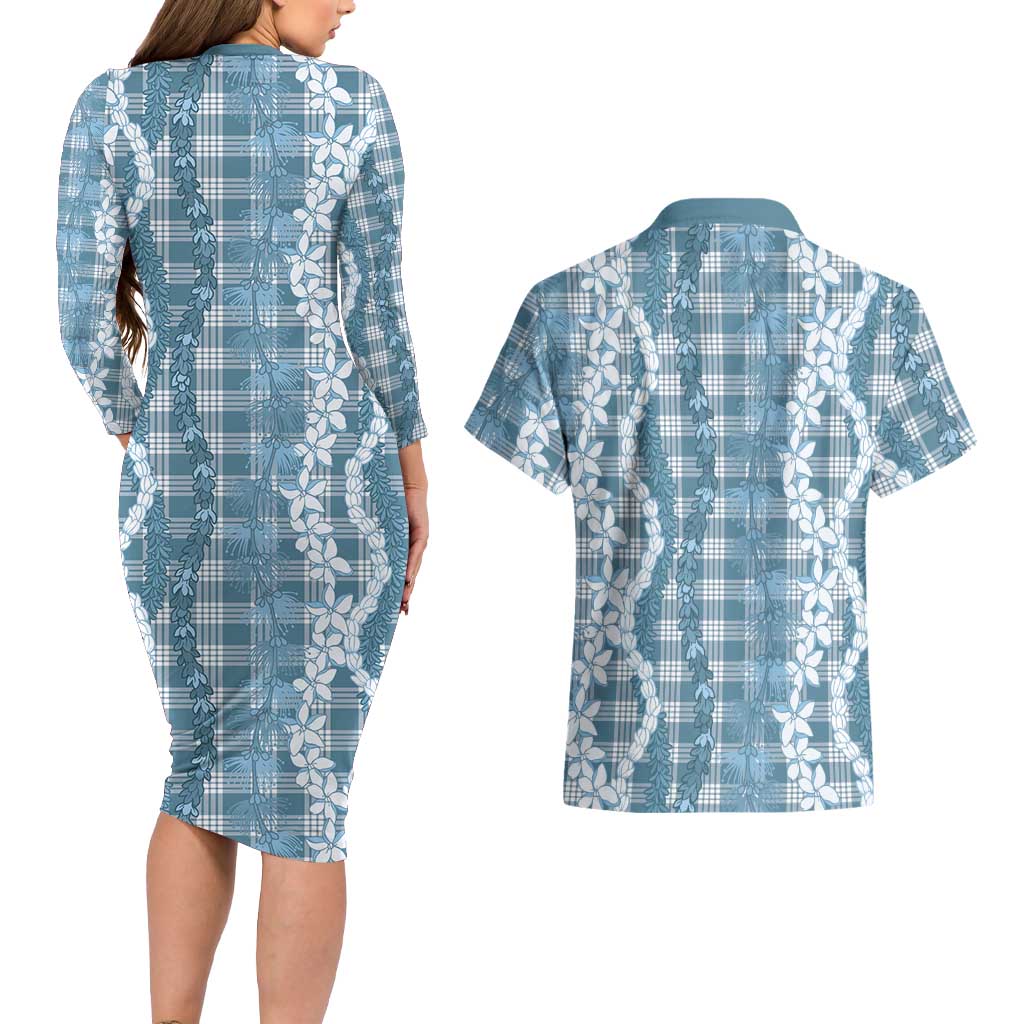 Hawaiian Ohia Lehua Lei Couples Matching Long Sleeve Bodycon Dress and Hawaiian Shirt Plaid Palaka Uliuli Omaomao Pattern LT9 - Polynesian Pride