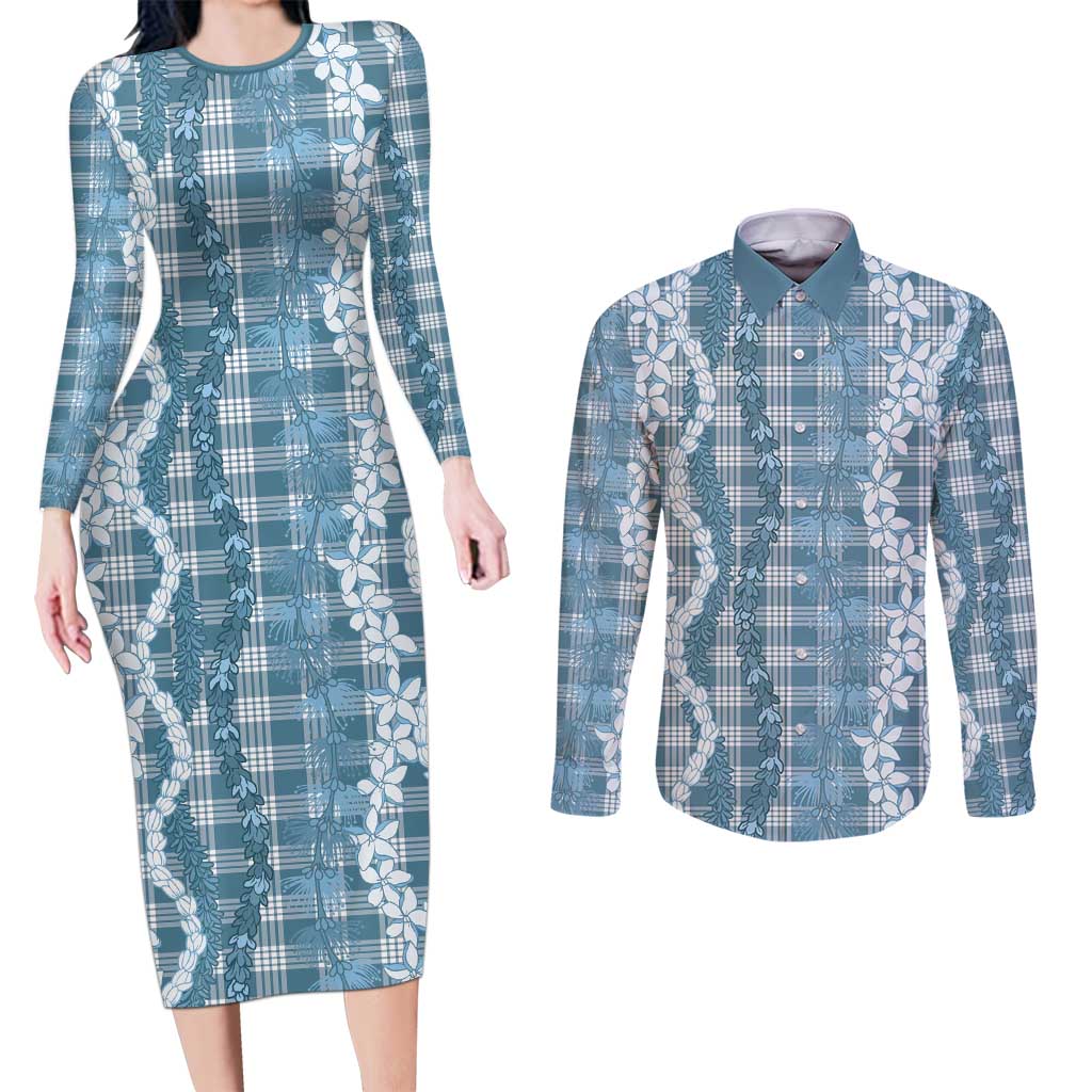 Hawaiian Ohia Lehua Lei Couples Matching Long Sleeve Bodycon Dress and Long Sleeve Button Shirt Plaid Palaka Uliuli Omaomao Pattern LT9 Teal - Polynesian Pride