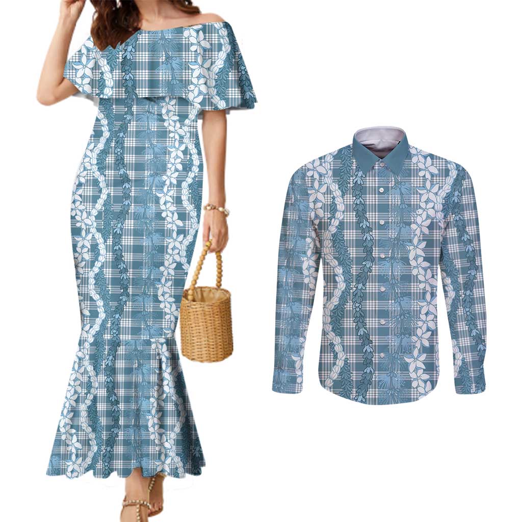 Hawaiian Ohia Lehua Lei Couples Matching Mermaid Dress and Long Sleeve Button Shirt Plaid Palaka Uliuli Omaomao Pattern LT9 Teal - Polynesian Pride