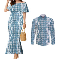 Hawaiian Ohia Lehua Lei Couples Matching Mermaid Dress and Long Sleeve Button Shirt Plaid Palaka Uliuli Omaomao Pattern LT9 Teal - Polynesian Pride