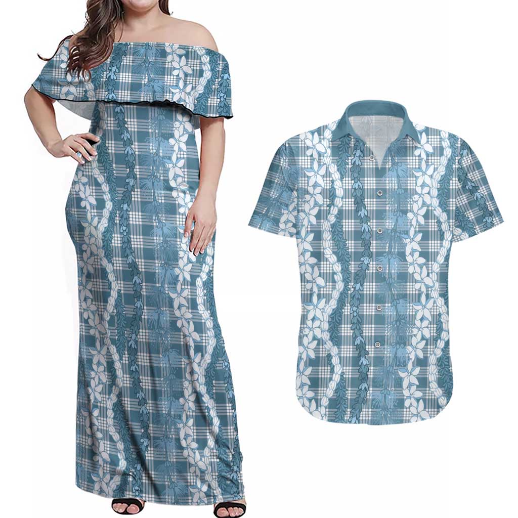 Hawaiian Ohia Lehua Lei Couples Matching Off Shoulder Maxi Dress and Hawaiian Shirt Plaid Palaka Uliuli Omaomao Pattern LT9 Teal - Polynesian Pride