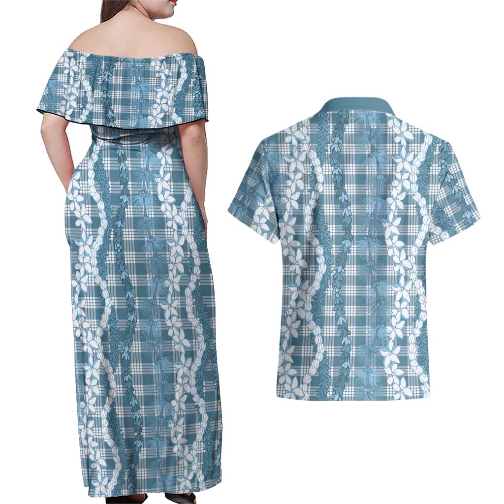 Hawaiian Ohia Lehua Lei Couples Matching Off Shoulder Maxi Dress and Hawaiian Shirt Plaid Palaka Uliuli Omaomao Pattern LT9 - Polynesian Pride