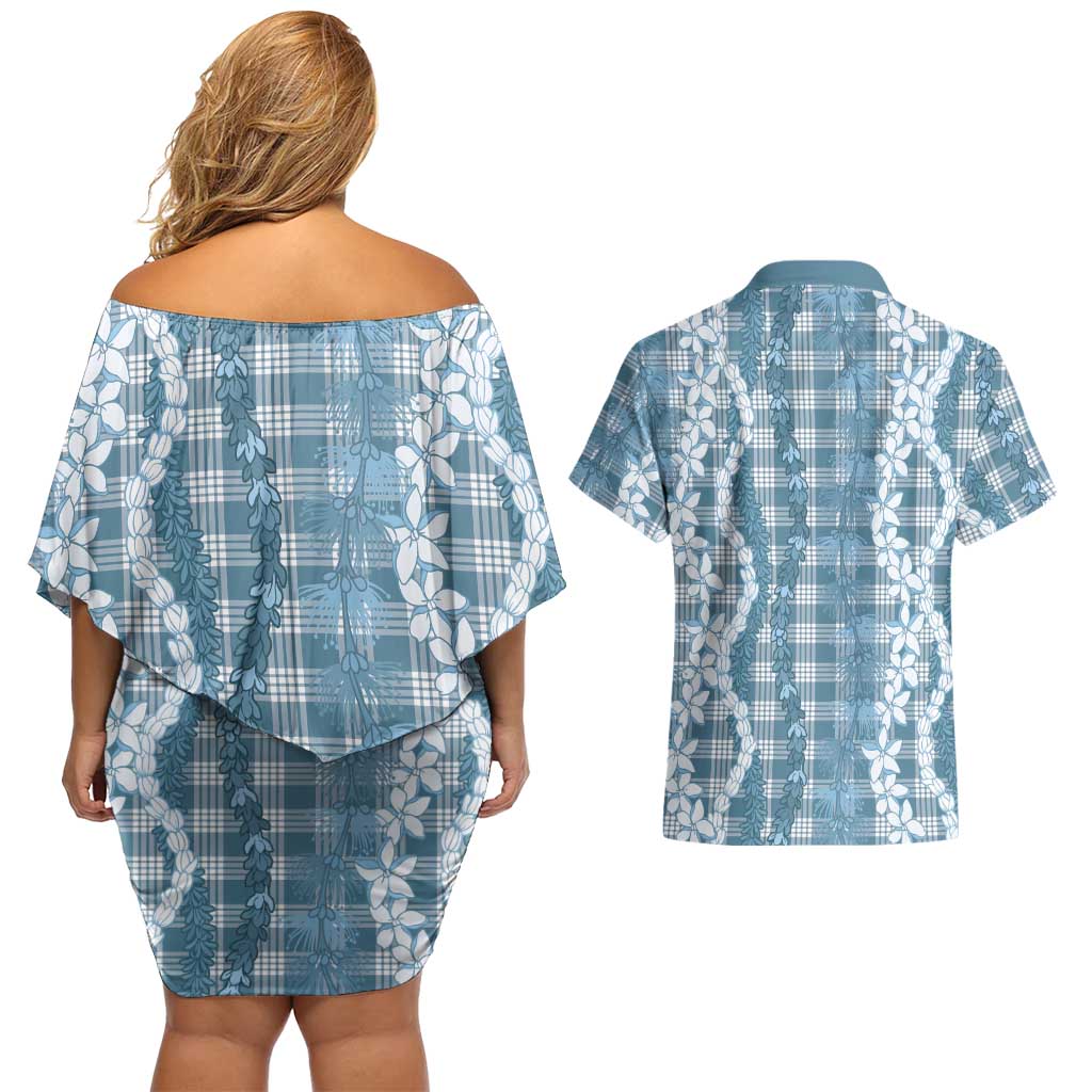 Hawaiian Ohia Lehua Lei Couples Matching Off Shoulder Short Dress and Hawaiian Shirt Plaid Palaka Uliuli Omaomao Pattern LT9 - Polynesian Pride