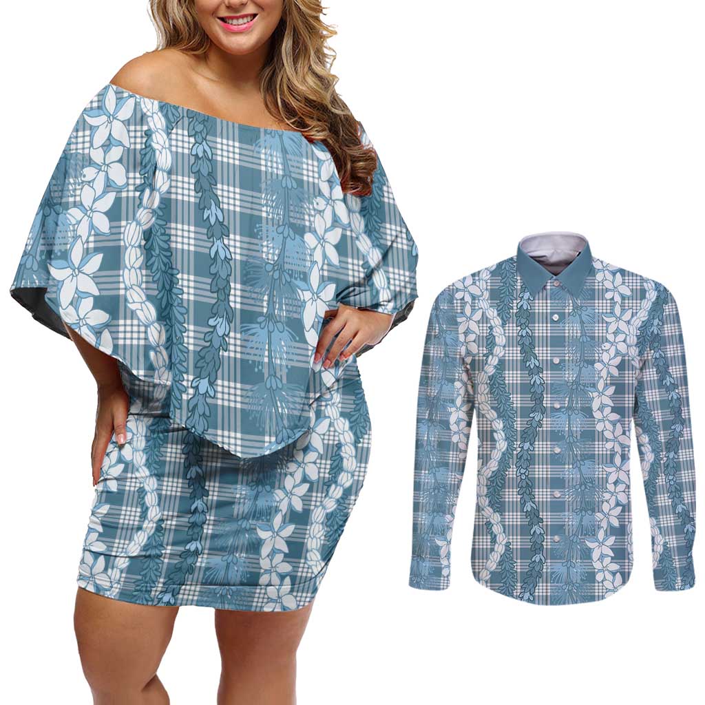 Hawaiian Ohia Lehua Lei Couples Matching Off Shoulder Short Dress and Long Sleeve Button Shirt Plaid Palaka Uliuli Omaomao Pattern LT9 Teal - Polynesian Pride
