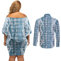 Hawaiian Ohia Lehua Lei Couples Matching Off Shoulder Short Dress and Long Sleeve Button Shirt Plaid Palaka Uliuli Omaomao Pattern LT9 - Polynesian Pride