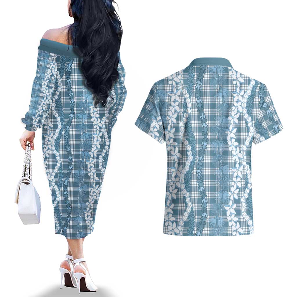 Hawaiian Ohia Lehua Lei Couples Matching Off The Shoulder Long Sleeve Dress and Hawaiian Shirt Plaid Palaka Uliuli Omaomao Pattern LT9 - Polynesian Pride
