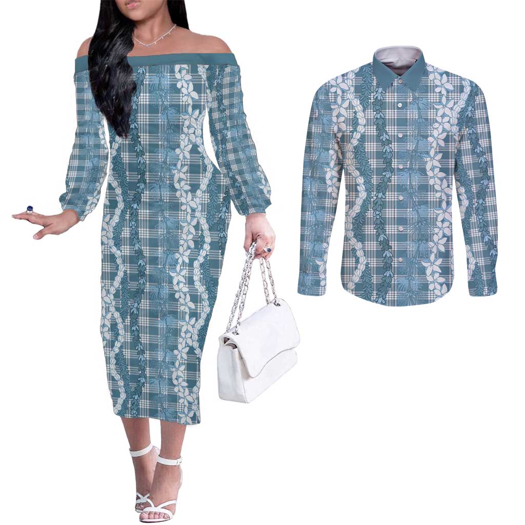Hawaiian Ohia Lehua Lei Couples Matching Off The Shoulder Long Sleeve Dress and Long Sleeve Button Shirt Plaid Palaka Uliuli Omaomao Pattern LT9 Teal - Polynesian Pride