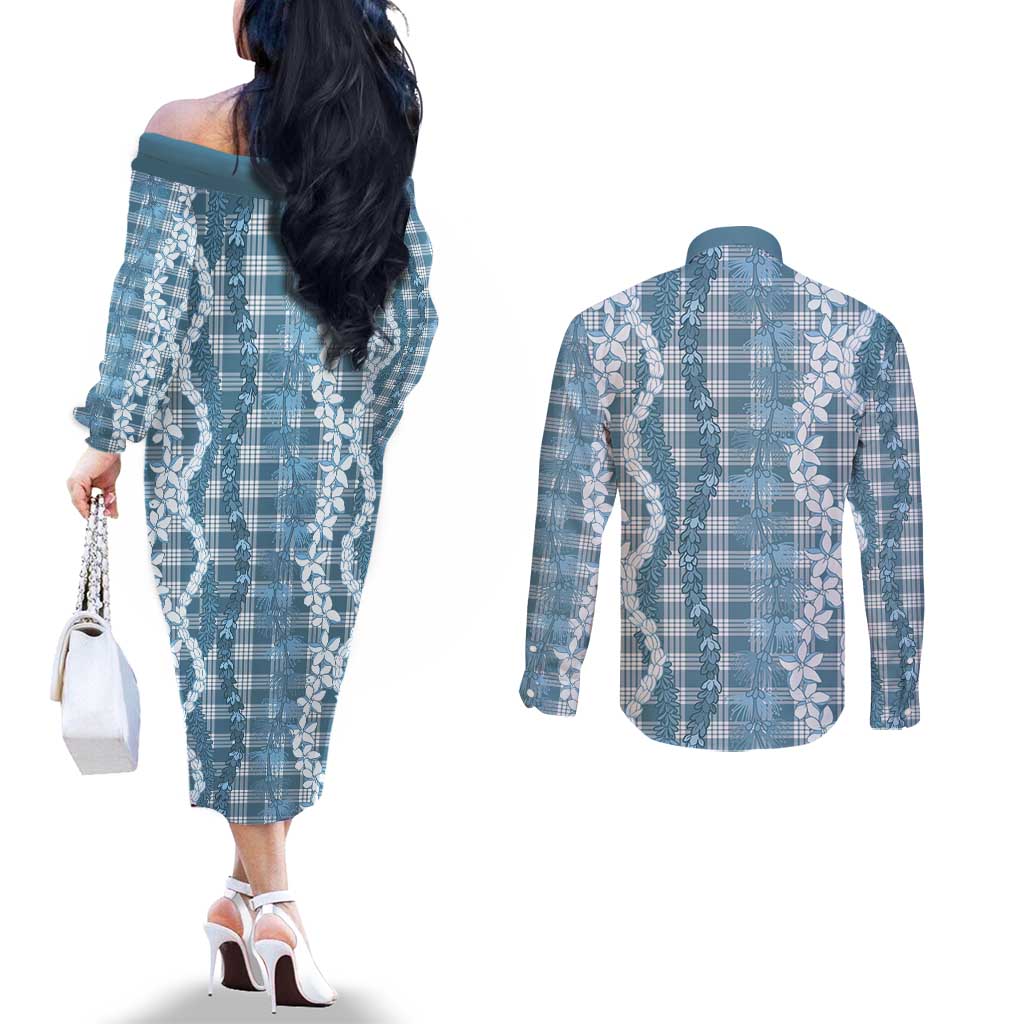 Hawaiian Ohia Lehua Lei Couples Matching Off The Shoulder Long Sleeve Dress and Long Sleeve Button Shirt Plaid Palaka Uliuli Omaomao Pattern LT9 - Polynesian Pride