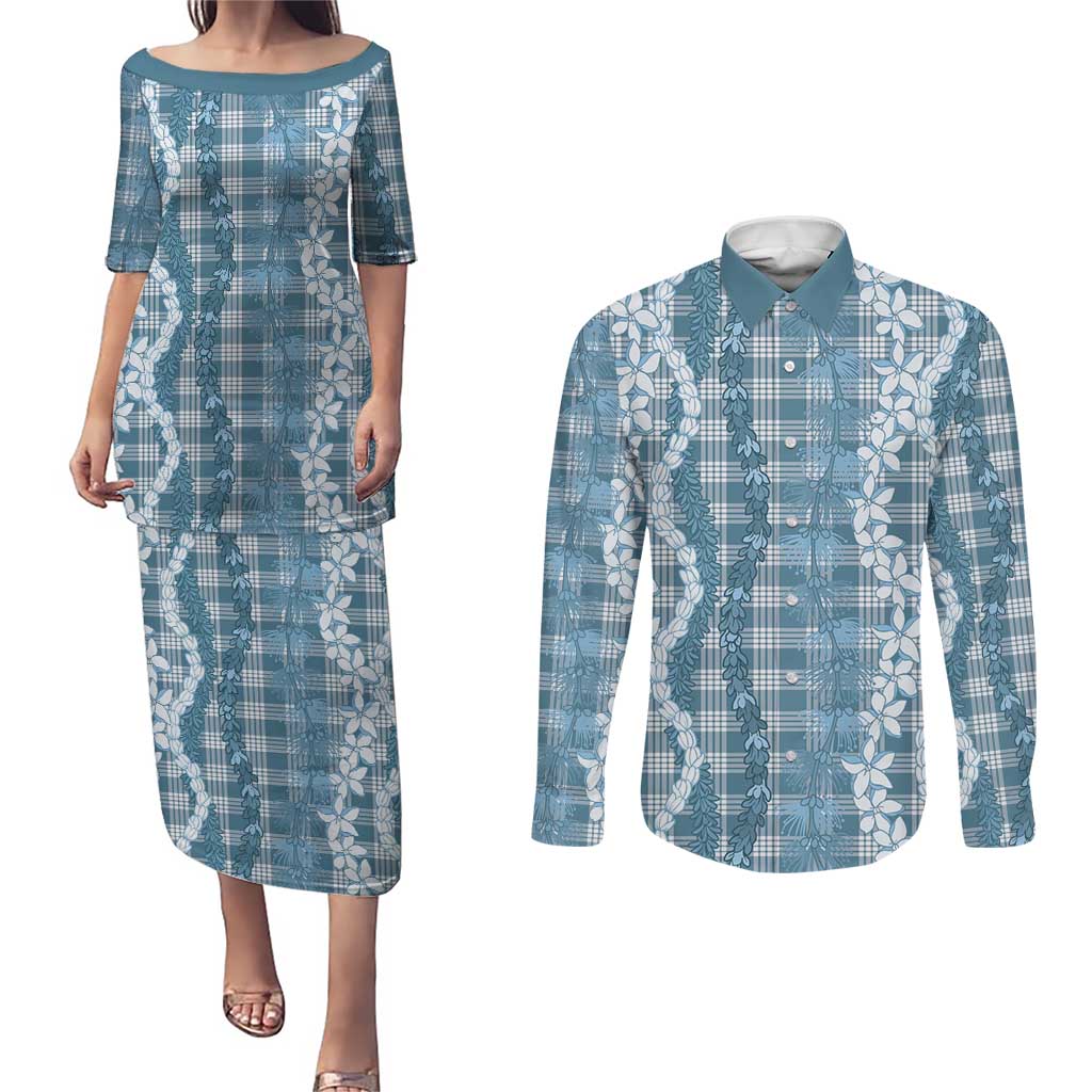 Hawaiian Ohia Lehua Lei Couples Matching Puletasi and Long Sleeve Button Shirt Plaid Palaka Uliuli Omaomao Pattern - Polynesian Pride