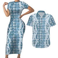 Hawaiian Ohia Lehua Lei Couples Matching Short Sleeve Bodycon Dress and Hawaiian Shirt Plaid Palaka Uliuli Omaomao Pattern LT9 Teal - Polynesian Pride