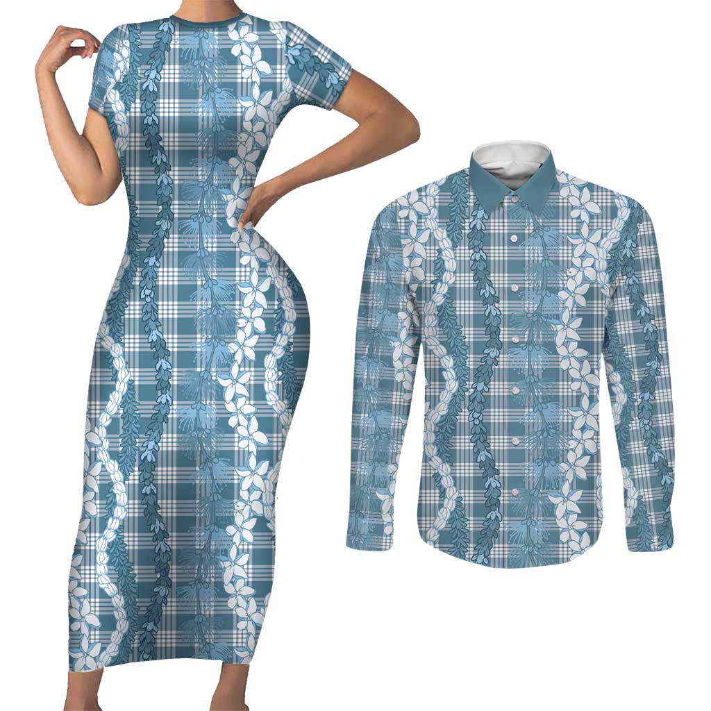 Hawaiian Ohia Lehua Lei Couples Matching Short Sleeve Bodycon Dress and Long Sleeve Button Shirt Plaid Palaka Uliuli Omaomao Pattern LT9 Teal - Polynesian Pride