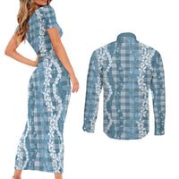 Hawaiian Ohia Lehua Lei Couples Matching Short Sleeve Bodycon Dress and Long Sleeve Button Shirt Plaid Palaka Uliuli Omaomao Pattern LT9 - Polynesian Pride