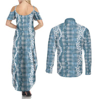 Hawaiian Ohia Lehua Lei Couples Matching Summer Maxi Dress and Long Sleeve Button Shirt Plaid Palaka Uliuli Omaomao Pattern - Polynesian Pride