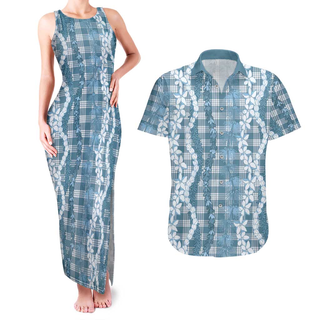 Hawaiian Ohia Lehua Lei Couples Matching Tank Maxi Dress and Hawaiian Shirt Plaid Palaka Uliuli Omaomao Pattern LT9 Teal - Polynesian Pride