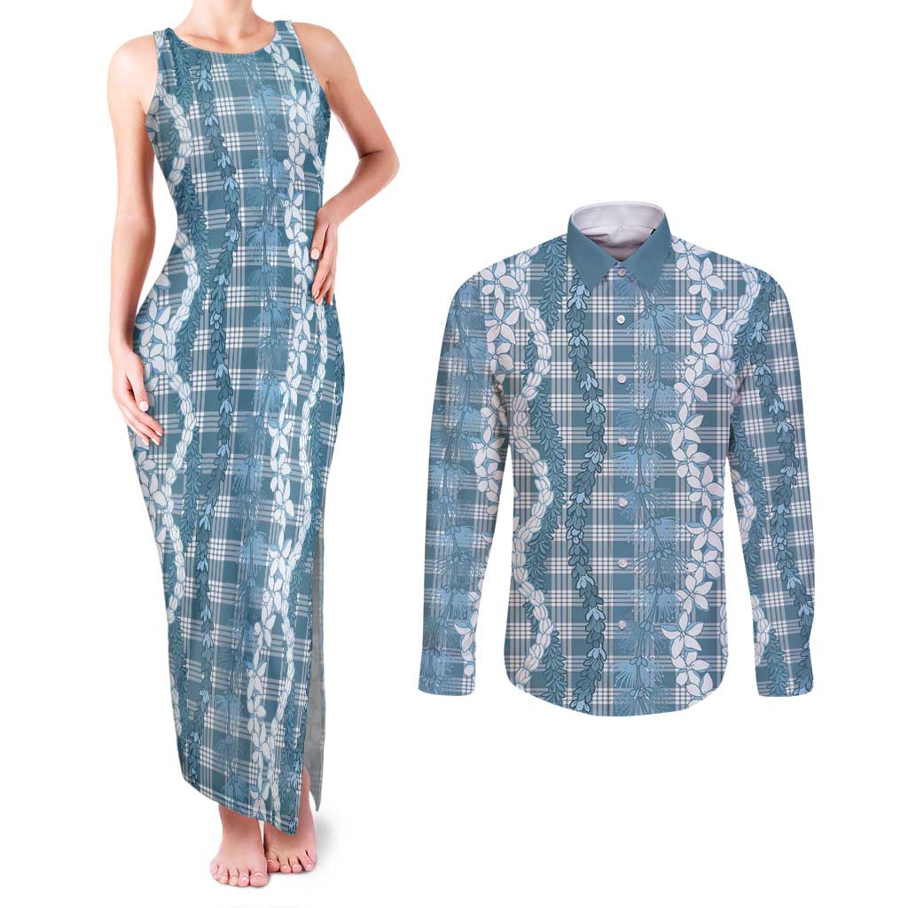 Hawaiian Ohia Lehua Lei Couples Matching Tank Maxi Dress and Long Sleeve Button Shirt Plaid Palaka Uliuli Omaomao Pattern LT9 Teal - Polynesian Pride
