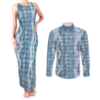 Hawaiian Ohia Lehua Lei Couples Matching Tank Maxi Dress and Long Sleeve Button Shirt Plaid Palaka Uliuli Omaomao Pattern LT9 Teal - Polynesian Pride