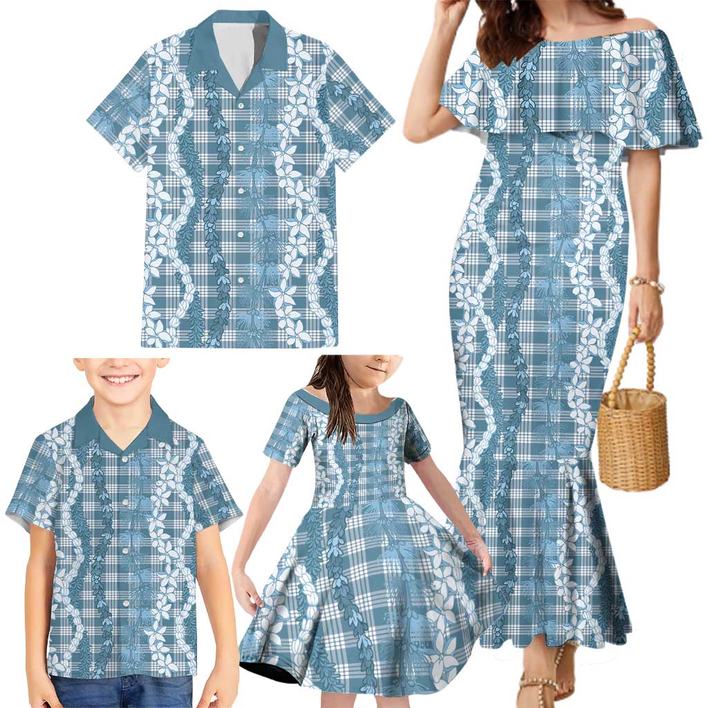 Hawaiian Ohia Lehua Lei Family Matching Mermaid Dress and Hawaiian Shirt Plaid Palaka Uliuli Omaomao Pattern - Polynesian Pride