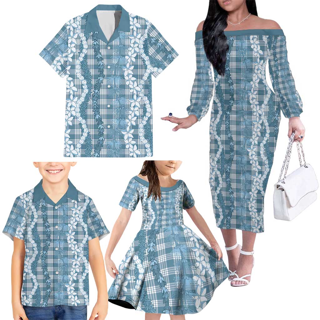 Hawaiian Ohia Lehua Lei Family Matching Off The Shoulder Long Sleeve Dress and Hawaiian Shirt Plaid Palaka Uliuli Omaomao Pattern LT9 - Polynesian Pride