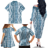 Hawaiian Ohia Lehua Lei Family Matching Off The Shoulder Long Sleeve Dress and Hawaiian Shirt Plaid Palaka Uliuli Omaomao Pattern LT9 - Polynesian Pride