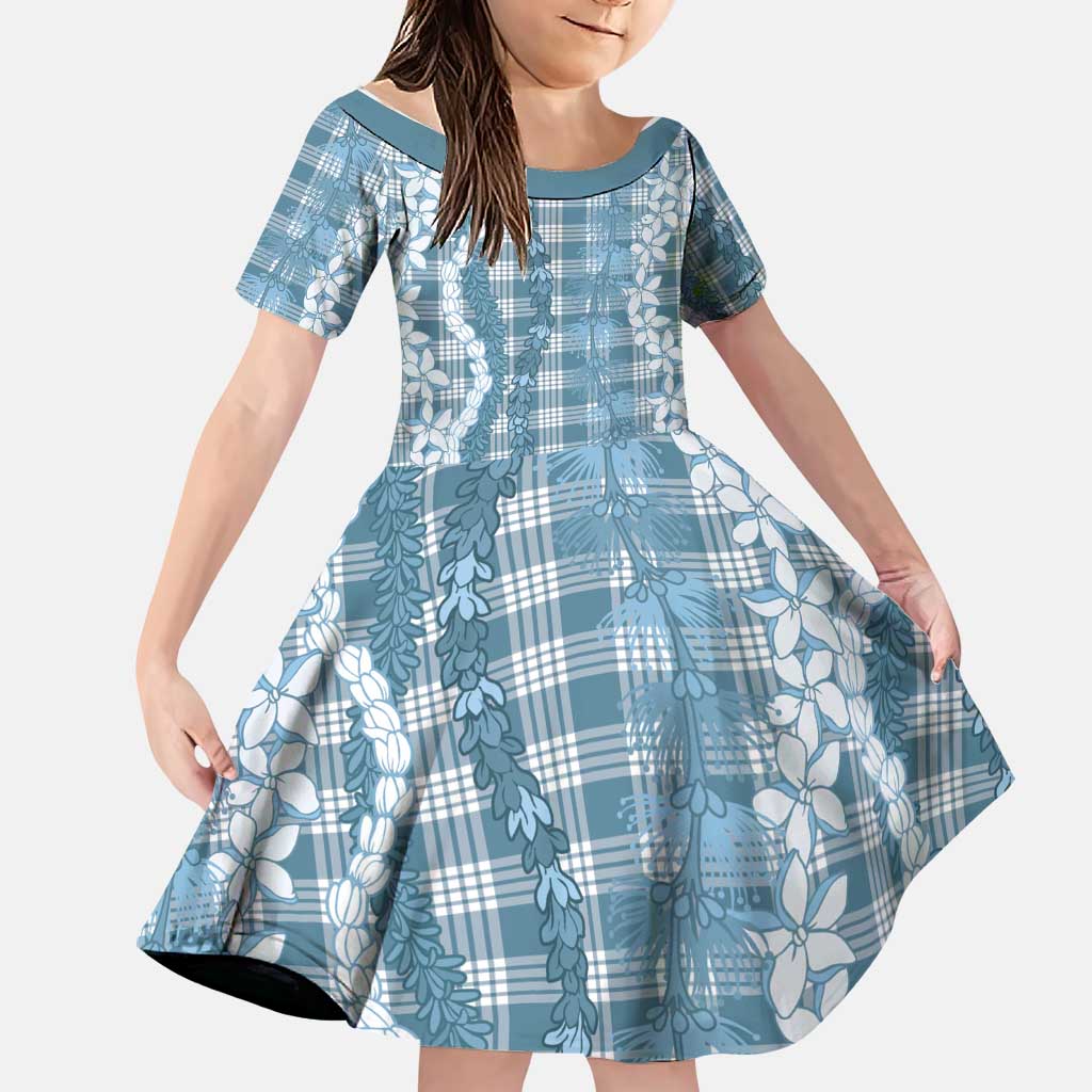 Hawaiian Ohia Lehua Lei Family Matching Off Shoulder Maxi Dress and Hawaiian Shirt Plaid Palaka Uliuli Omaomao Pattern LT9 Daughter's Dress Teal - Polynesian Pride