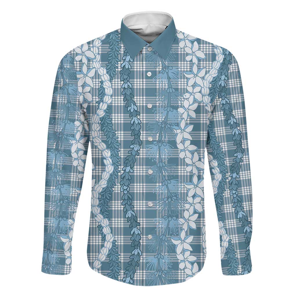 Hawaiian Ohia Lehua Lei Family Matching Off Shoulder Maxi Dress and Hawaiian Shirt Plaid Palaka Uliuli Omaomao Pattern LT9 Dad's Shirt - Long Sleeve Teal - Polynesian Pride
