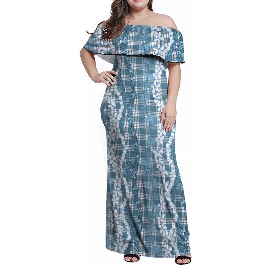 Hawaiian Ohia Lehua Lei Family Matching Off Shoulder Maxi Dress and Hawaiian Shirt Plaid Palaka Uliuli Omaomao Pattern LT9 Teal - Polynesian Pride