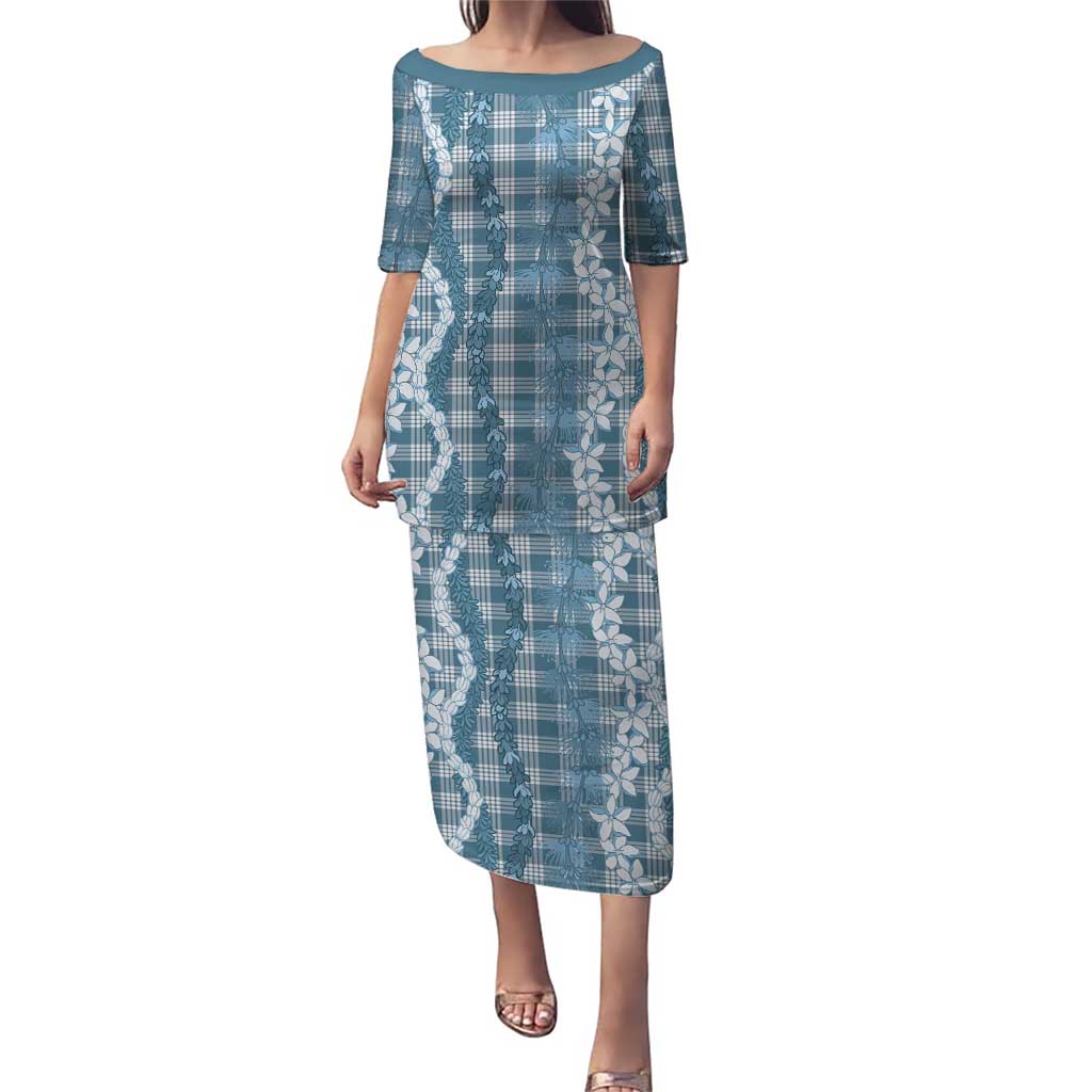 Hawaiian Ohia Lehua Lei Family Matching Puletasi and Hawaiian Shirt Plaid Palaka Uliuli Omaomao Pattern LT9 Teal - Polynesian Pride