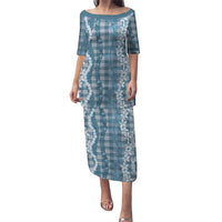 Hawaiian Ohia Lehua Lei Family Matching Puletasi and Hawaiian Shirt Plaid Palaka Uliuli Omaomao Pattern LT9 Teal - Polynesian Pride