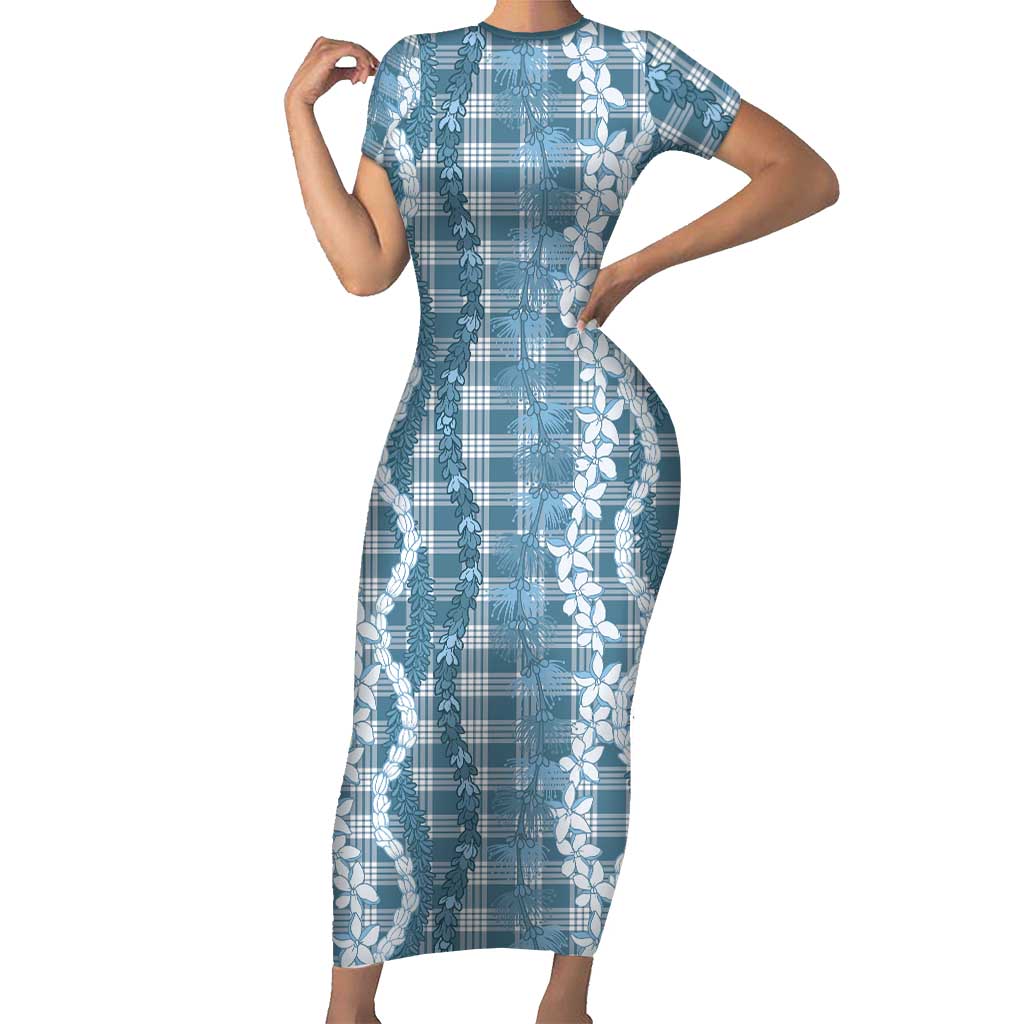 Hawaiian Ohia Lehua Lei Family Matching Short Sleeve Bodycon Dress and Hawaiian Shirt Plaid Palaka Uliuli Omaomao Pattern LT9 Teal - Polynesian Pride