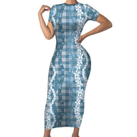 Hawaiian Ohia Lehua Lei Family Matching Short Sleeve Bodycon Dress and Hawaiian Shirt Plaid Palaka Uliuli Omaomao Pattern LT9 Teal - Polynesian Pride