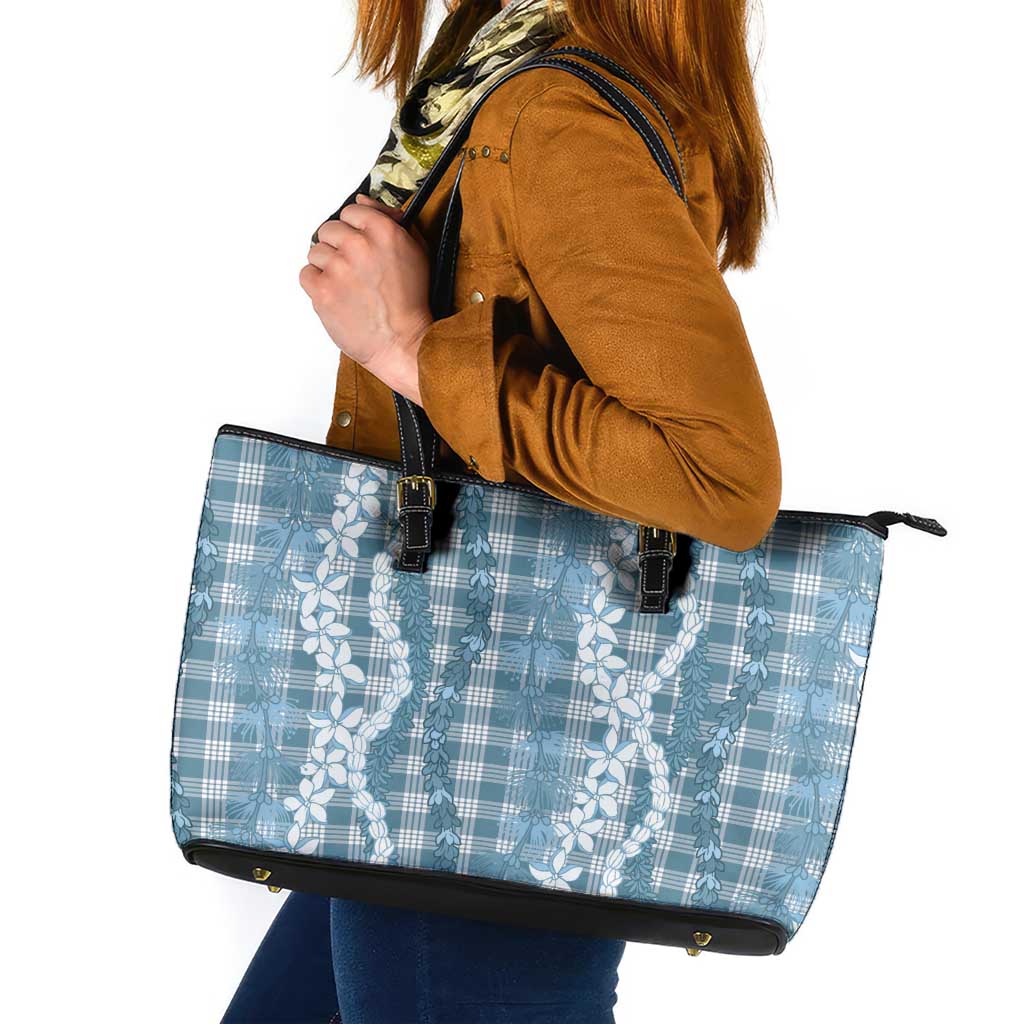 Hawaiian Ohia Lehua Lei Leather Tote Bag Plaid Palaka Uliuli Omaomao Pattern - Polynesian Pride