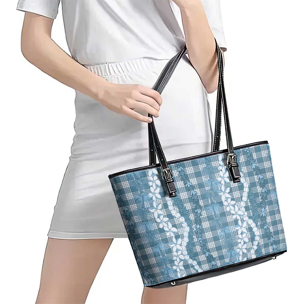 Hawaiian Ohia Lehua Lei Leather Tote Bag Plaid Palaka Uliuli Omaomao Pattern - Polynesian Pride