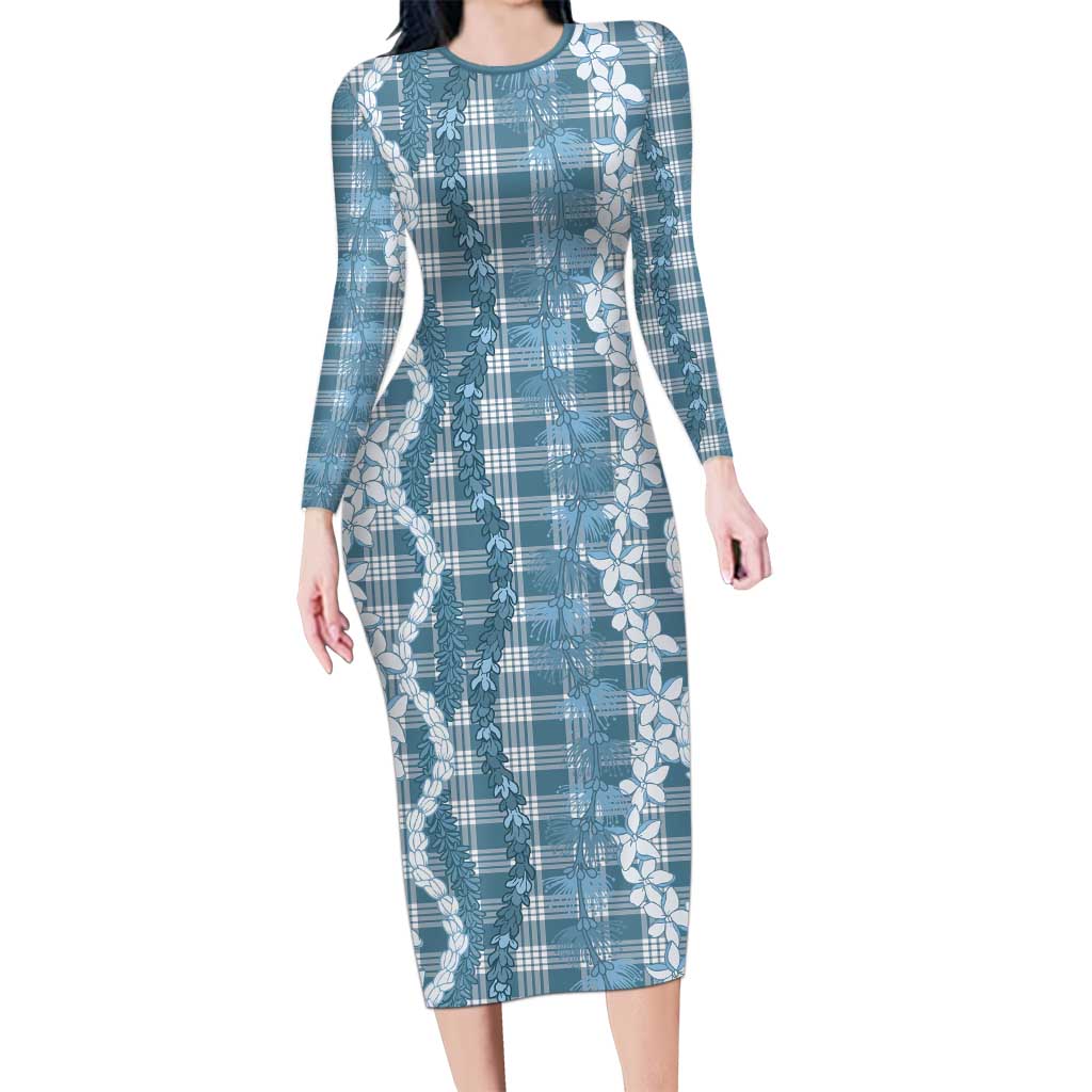 Hawaiian Ohia Lehua Lei Long Sleeve Bodycon Dress Plaid Palaka Uliuli Omaomao Pattern - Polynesian Pride