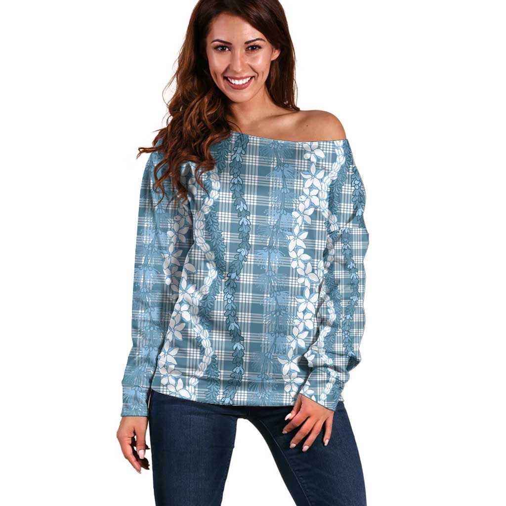 Hawaiian Ohia Lehua Lei Off Shoulder Sweater Plaid Palaka Uliuli Omaomao Pattern - Polynesian Pride